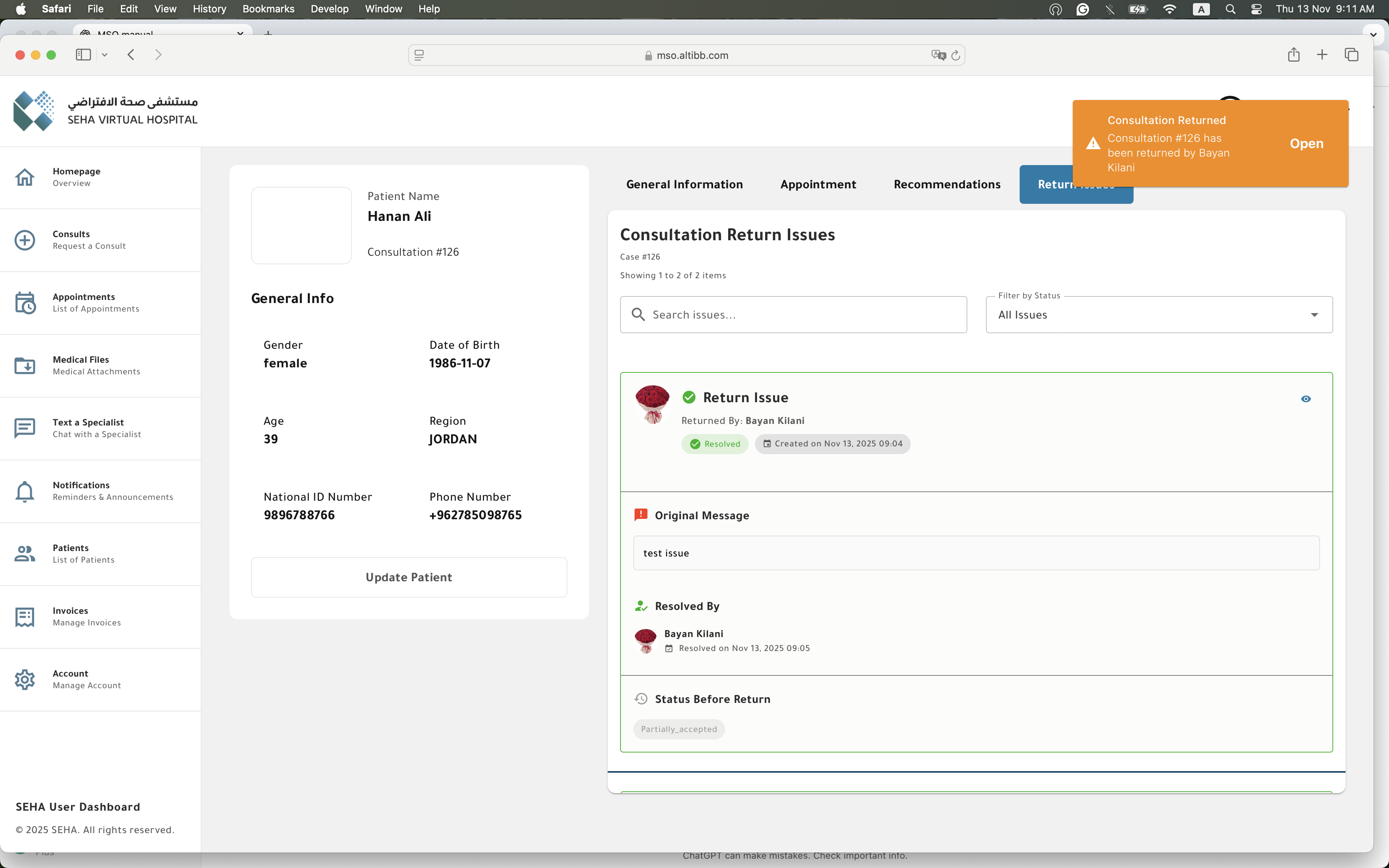 Return Issue Notification